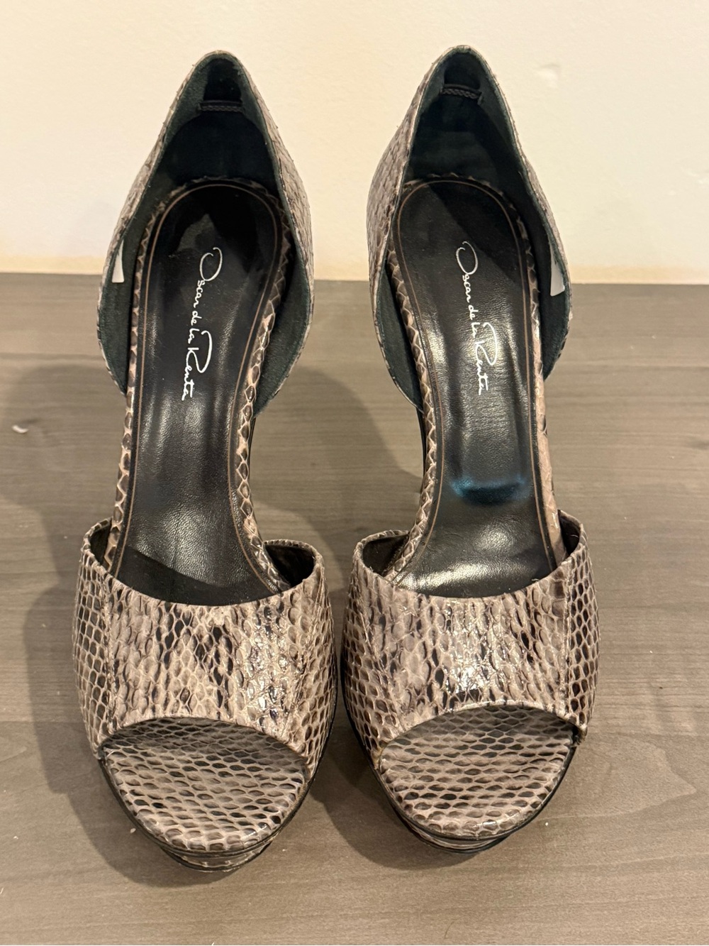 Oscar de la Renta Taupe Snake-Print D'Orsay Open-Toe Heels